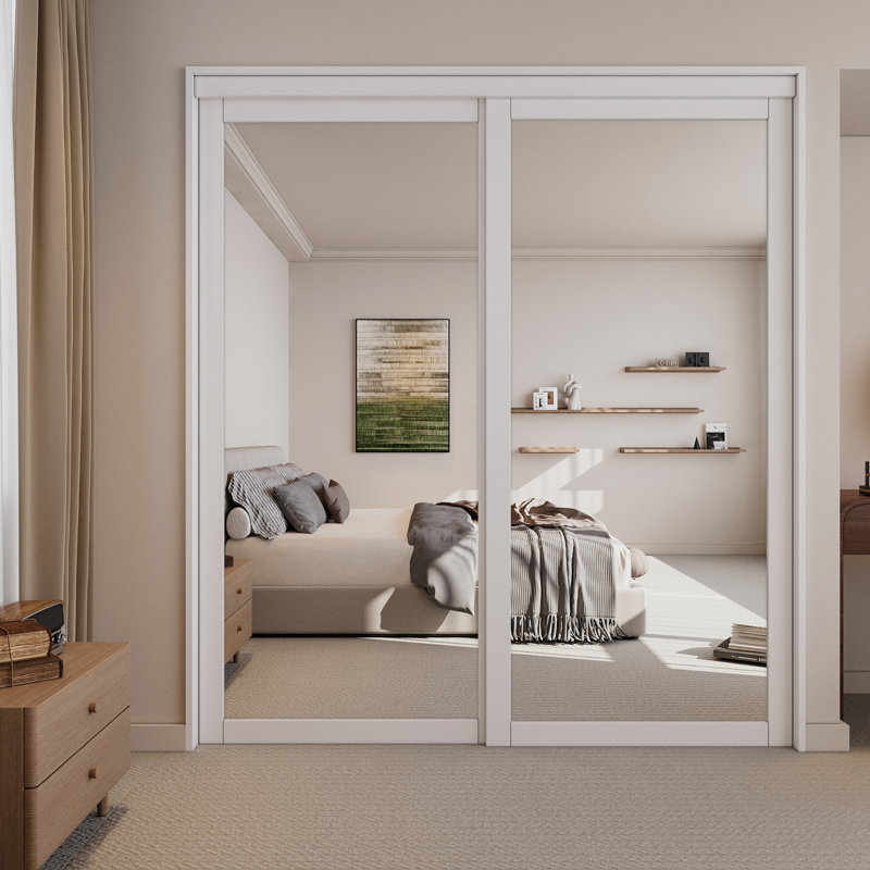 White Prefinished 1 Lite Mirrored Closet Sliding Door with Hardware Kit 72 x 80